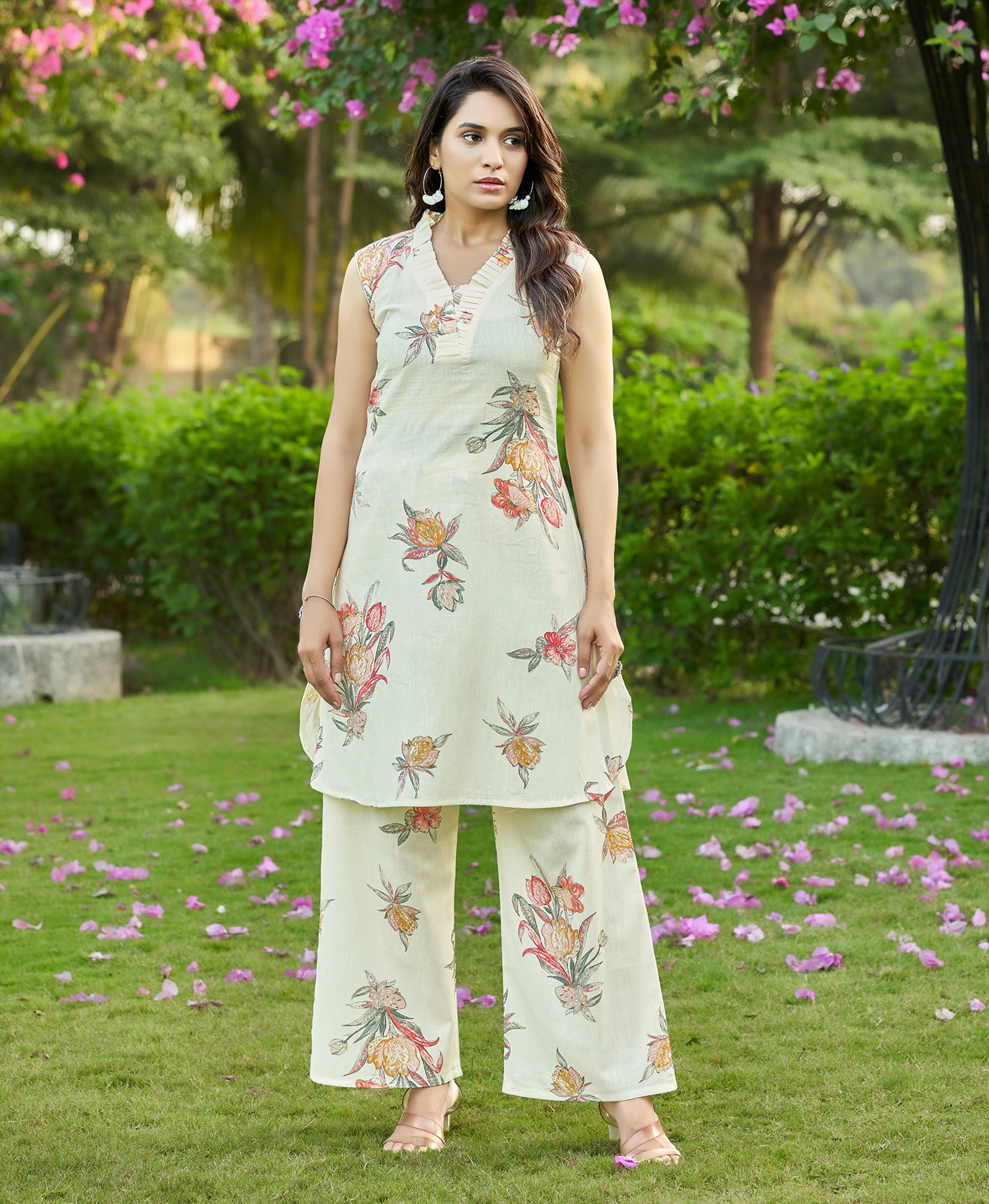 Light Green Cotton Blend Floral Printed Co-ord Set